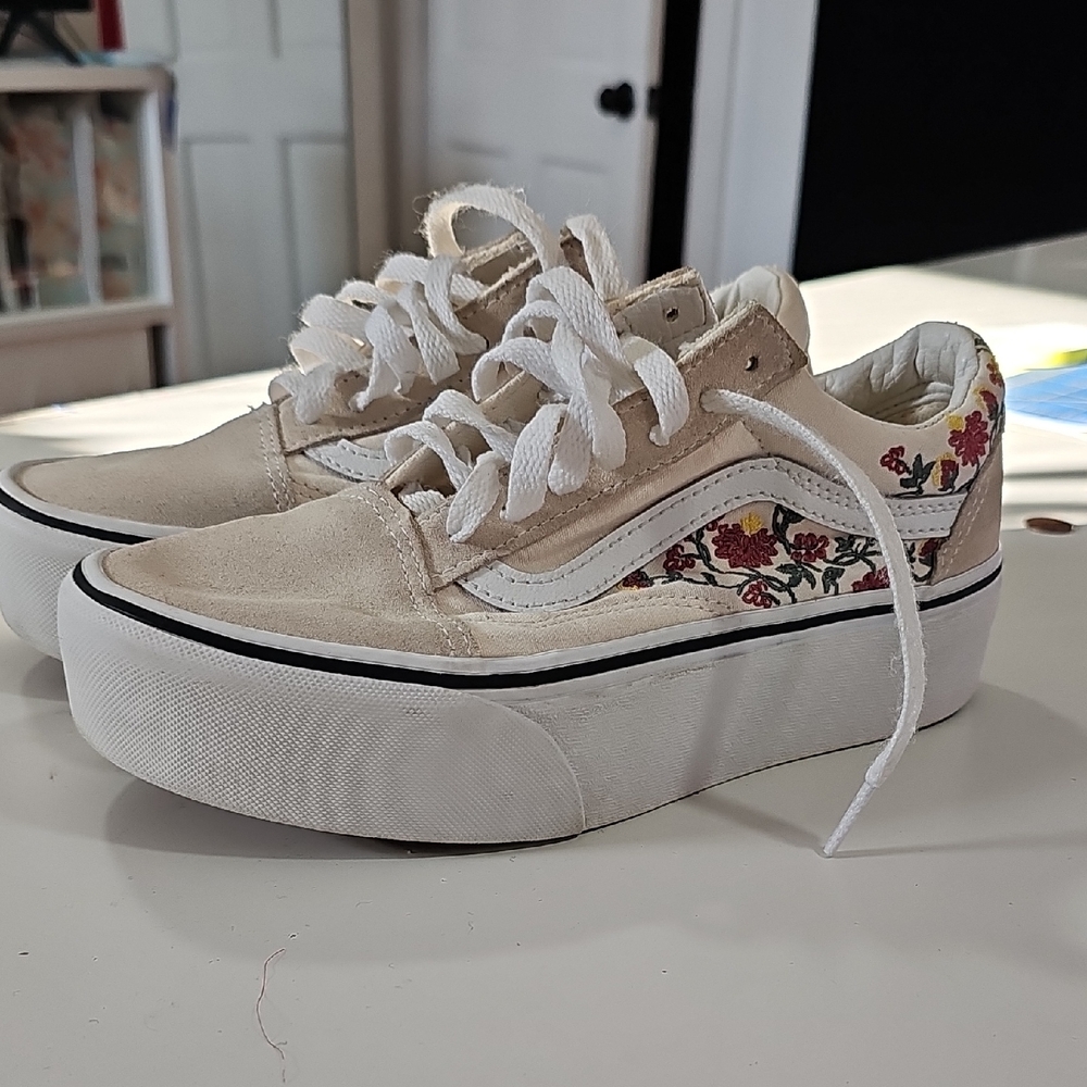 Vans Cream Floral Platform Sneakers